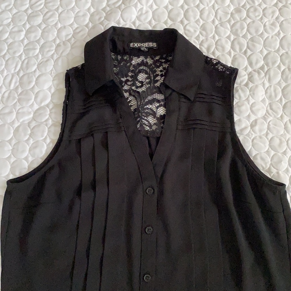 Express women size XS black button down shirt with lace yoke loose fit